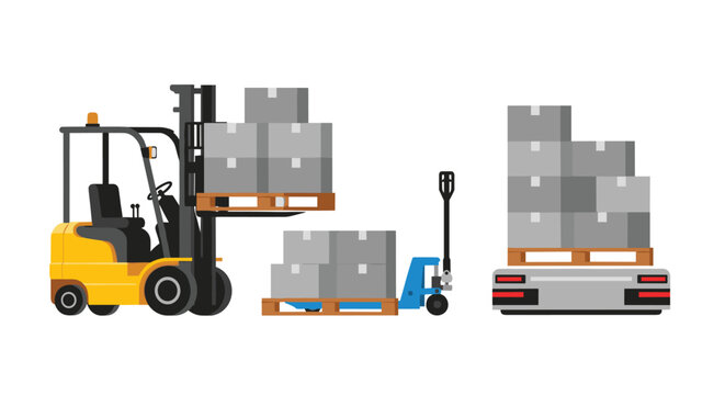 A bright yellow industrial forklift lifting a wooden pallet loaded with grey boxes alongside a blue manual pallet jack in a clean warehouse environment with flat tones.