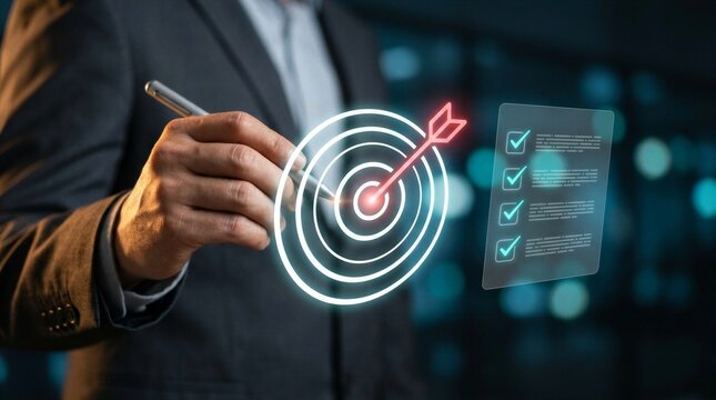 Business goal setting concept with businessman using digital stylus to target center of dartboard, symbolizing strategic planning, objective alignment, achievement checklist for organizational success