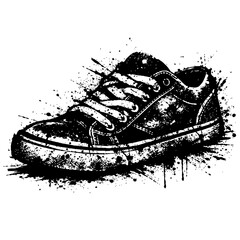 Obraz premium Black and white illustration of a dirty sneaker with paint splatters on a white background, showcasing a grungy design