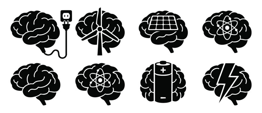Brain Energy Icons Set, Sustainable Power and Intellectual Concepts, Human Mind Charging with Renewable Green Resources and Atomic Science Symbols for Creative Brainstorming and Cognitive Innovation G