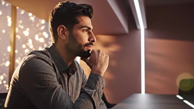 Bearded Man Thinking Deeply and Smiling With Realization in Modern Workspace