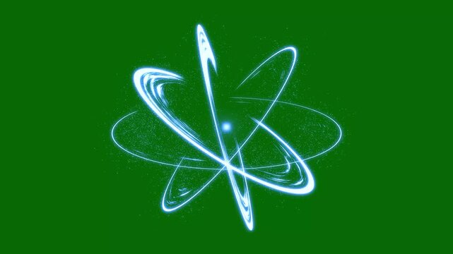 Glowing blue energy light trail, atomic orbit swirl with sparkling particles on green background. Energy slash Transition, futuristic electric ring motion, neon glow and energy vortex animation effect
