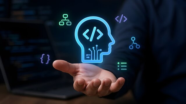 Artificial intelligence AI brain with coding brackets representing software development and programming