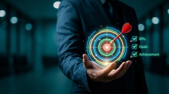 Business goal setting concept with businessman using digital stylus to target center of dartboard, symbolizing strategic planning, objective alignment, achievement checklist for organizational success