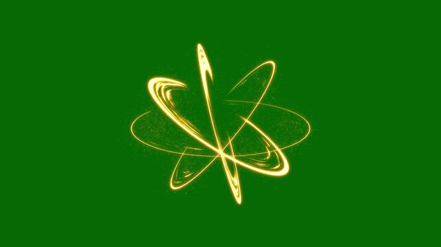 Abstract glowing golden energy light trail, atomic orbit swirl with sparkling particles on green background. Energy transition, electric ring motion, slash effect animation. 4k