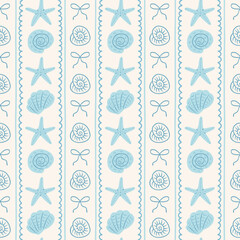 Fototapeta premium Coquette seamless pattern with hand drawn blue seashells , bow, starfish in stripe background. Coastal ocean travel concept. Summer vacation beach trendy print. Vector illustration.