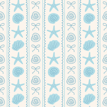 Coquette seamless pattern with hand drawn blue seashells , bow, starfish in stripe background. Coastal ocean travel concept. Summer vacation beach trendy print. Vector illustration.