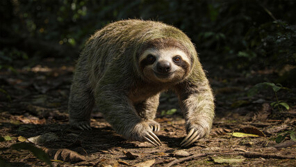 Fototapeta premium Sloth's Woodland Stroll: A solitary sloth, with its distinctive shaggy fur and gentle gaze, ambles deliberately through a shaded forest, embodying the tranquility of a woodland setting.