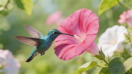 Obraz premium Hummingbird and Flower: A mesmerizing display of nature unfolds as a vibrant hummingbird delicately sips nectar from a lush pink flower, surrounded by a gentle, sunlit atmosphere.