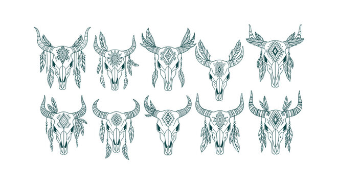 Tribal animal skull vector set with feathers and geometric ornaments for bohemian decor and craft