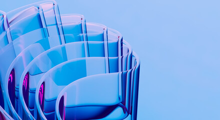 Abstract Blue 3D Render of Translucent Curved Glass Cylinders with Pink Neon Accents and Clear Sky Background