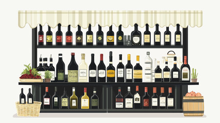 Fototapeta premium A cartoon image of a wine shop displaying various bottles on shelves with a basket and barrel