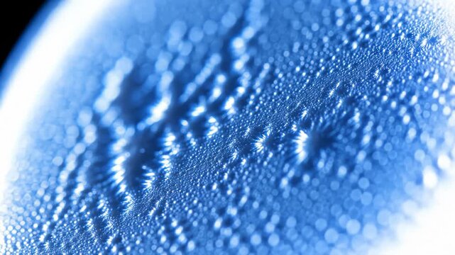 Macro Close-Up of Ice Crystals Forming Intricate Patterns on a Cold Surface With Blue Light