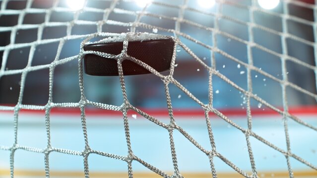 An ice hockey puck hitting the back of the net
