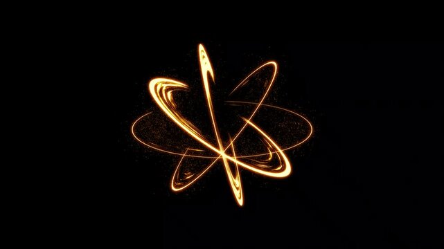 Abstract glowing golden energy light trail, atomic orbit swirl with sparkling particles on black background. Energy transition, electric ring motion, slash effect animation. 4k