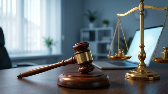 law, legal, justice, court, attorney, A wooden gavel and justice scale placed on a desk with a laptop in the background, symbolizing law, legal decisions, court judgement, and attorney services.