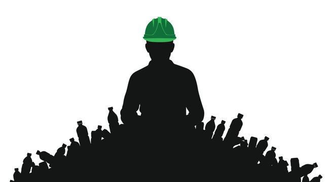 The silhouette of a person wearing a green hard hat is prominently displayed against a white background, emerging from a dense pile of dark plastic bottles.