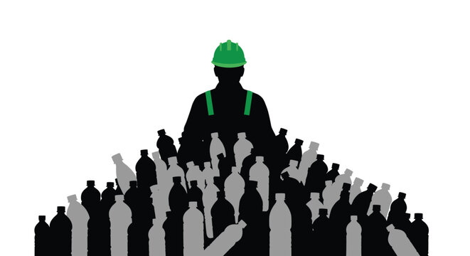 A worker in a hard hat stands before a large pile of plastic bottles, with the composition divided into stark light and shadow, suggesting industry or labor.