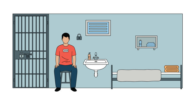 Illustration of a lone prisoner sitting on a stool inside a sparsely furnished prison cell with a bunk bed, sink, and barred door.