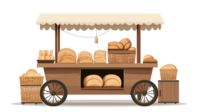 A rustic illustration showcases a bakery cart laden with various types of bread, buns, and loaves