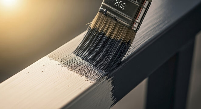 Painting balcony railing with brush applying fresh coat of paint on wooden surface as sunlight glints off railing.
