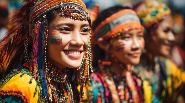 Vibrant Higalaay Festival dancers wear colorful costumes and headdresses outdoors