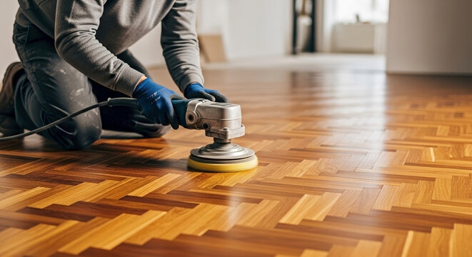 Man polishing parquet floor with power sander wearing gloves in modern interior space. Polishing parquet enhances wood finish, creating shine and beauty in home environment.