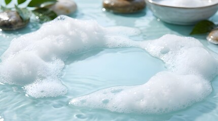 Obraz premium Bubble bath foam with spa stones on aqua water copy space