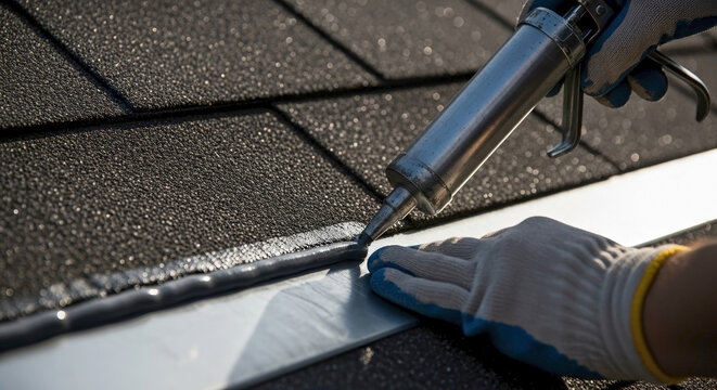 Man repairing roof flashing with caulking gun to ensure water resistance. Repair process includes applying sealant on edges to prevent leakage. Essential maintenance for residential roofing systems.
