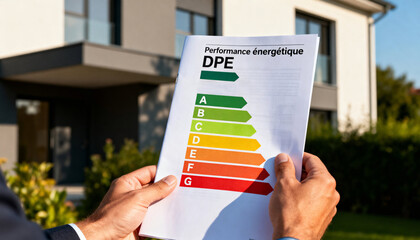 Mains de technicien tenant un livret de diagnostic de performance énergétique, dpe, devant la maison