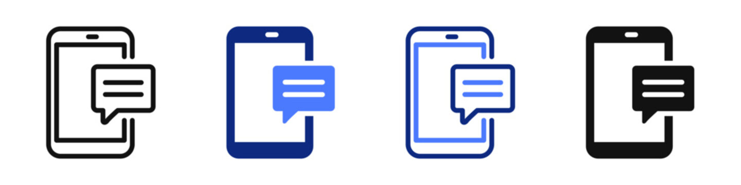 Vector icon or logo of mobile phone and text message related to chat application, online communication. Symbol for website or app UI, logo design, illustration