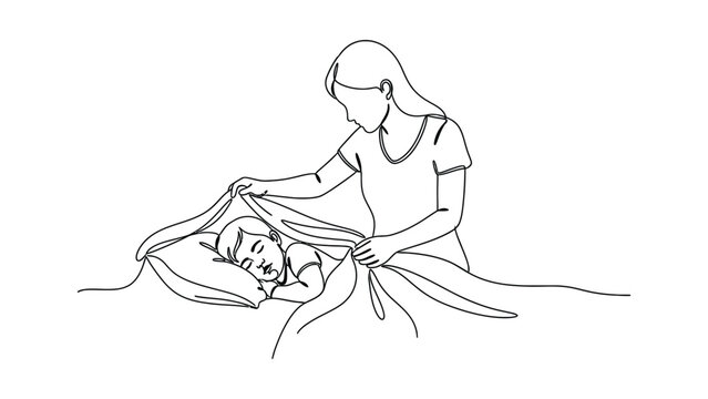 Continuous line drawing of a mother tucking her child into bed.