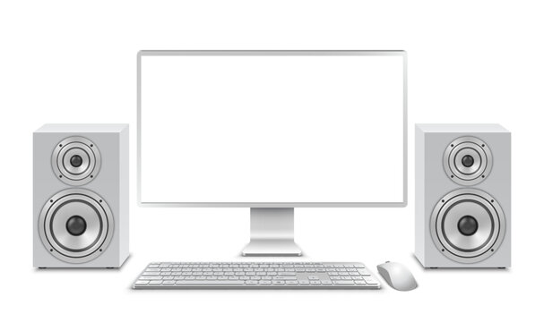 Vector illustration of white desktop pc, widescreen monitor with blank empty white screen, system unit, keyboard, mouse, audio speakers. Realistic mockup or template, isolated on white background