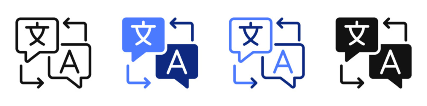 Vector icon or logo of speech bubbles and text related to translation and localization, language learning and education. Symbol for website or app UI, logo design, illustration