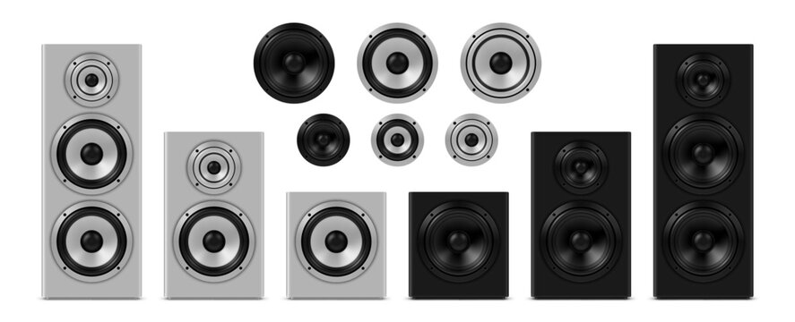 Vector icons of black and white realistic audio speakers related to music and entertainment industry, sound equipment. Realistic illustration isolated on white background