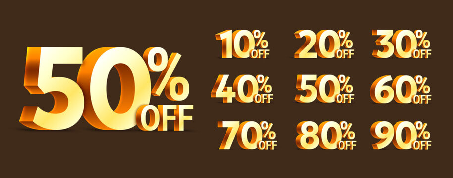 Collection of vector golden 3d numbers and percentage sign from 10 to 90 for sale and special offer promotion