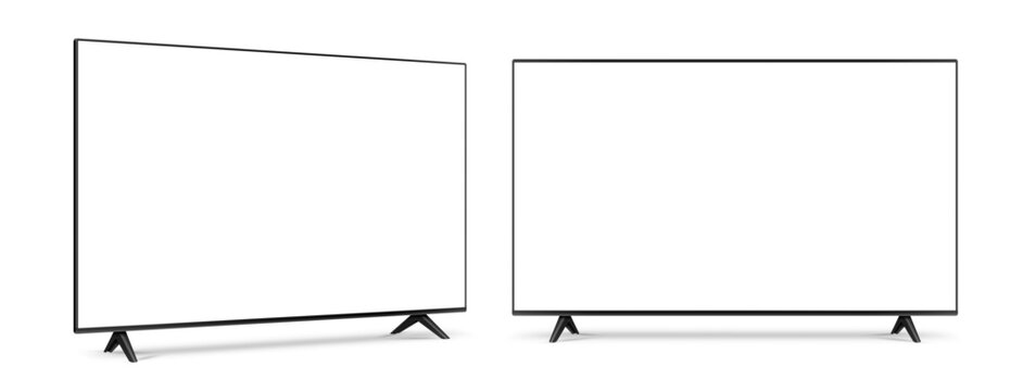 Front and half-turn view of widescreen realistic TV with blank empty white screen isolated on white background