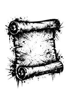 Grunge-style illustration of a blank scroll with ink splatters and paint smudges on white background for creative design projects