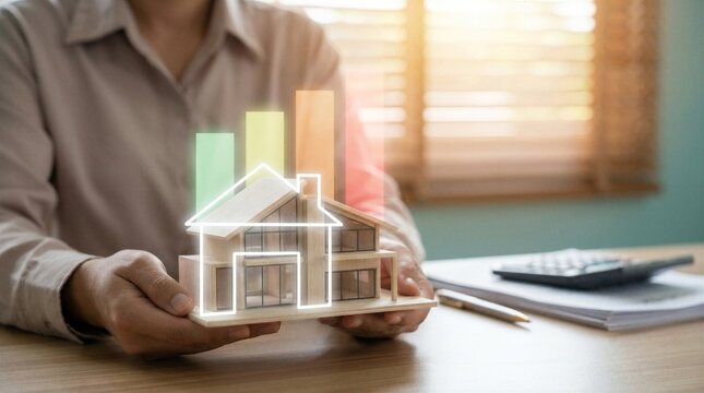 Hand holding house model with energy efficiency rating scale, representing sustainable home, energy saving, cost reduction and environmental protection.