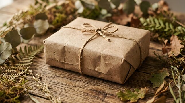 Gift wrapped in brown paper on wooden table with greenery around