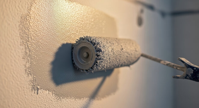 Painting with roller extension on wall, applying fresh coat of paint in home interior. Roller extension smooths out new paint, creating even surface on wall.