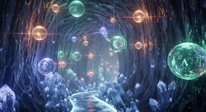 A crystal cave with floating orbs of light illuminating a path through the icy landscape view
