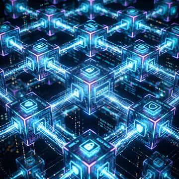 Abstract secure blockchain network with glowing interconnected blocks, data nodes, and futuristic digital technology