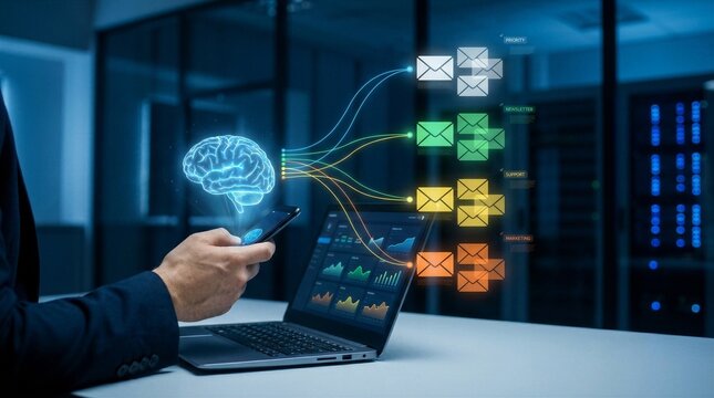 AI email classification system analyzing inbox messages and automatically sorting into categories like spam, priority, and marketing using machine learning interface overlay on laptop workspace