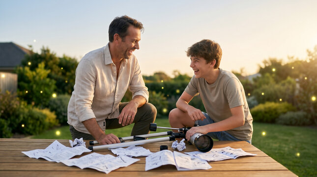 Father and teenage son assembling a backyard telescope together on a summer solstice evening, laughing over tangled instructions spread acro