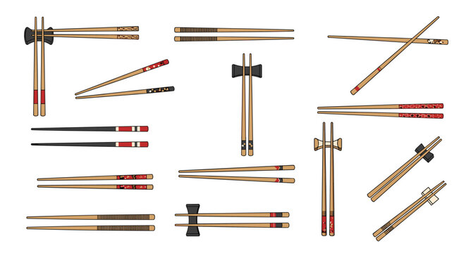 Collection of different traditional chopsticks and holders in various positions and designs isolated on a white background.