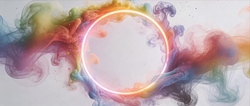 Radiant neon circle with colorful smoke abstract ring pride month rainbow light pastel swirl lgbt background glowing frame creative design smooth gradient dreamy creative art soft glow ethereal mood