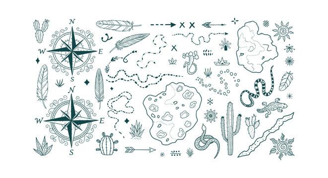 Collection of hand drawn vintage style desert map elements with compass rose cactus and feathers.