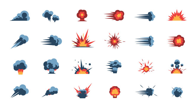 Collection of explosion and smoke effect illustrations including comic style blasts, fire clouds, and dust puffs for animation.
