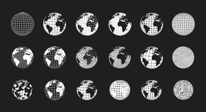 Array of stylized white globe icons showing different continents and map projections on a dark background for web design.